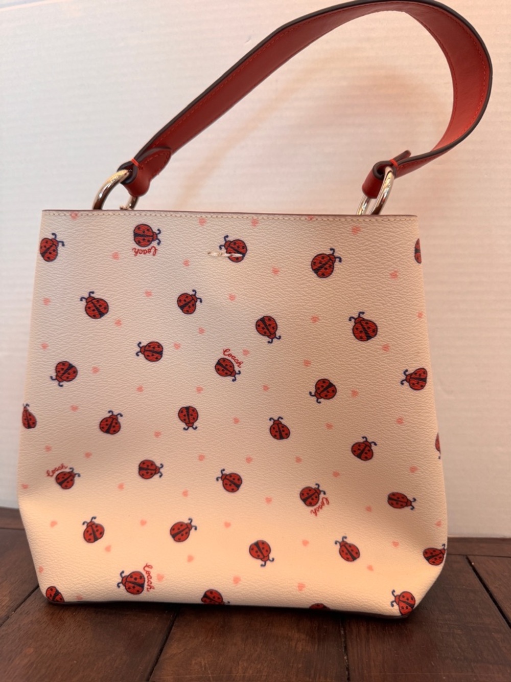 Coach C Mini Town Bucket Bag Ladybug Floral Print Red White Y2K - Picture 2 of 16